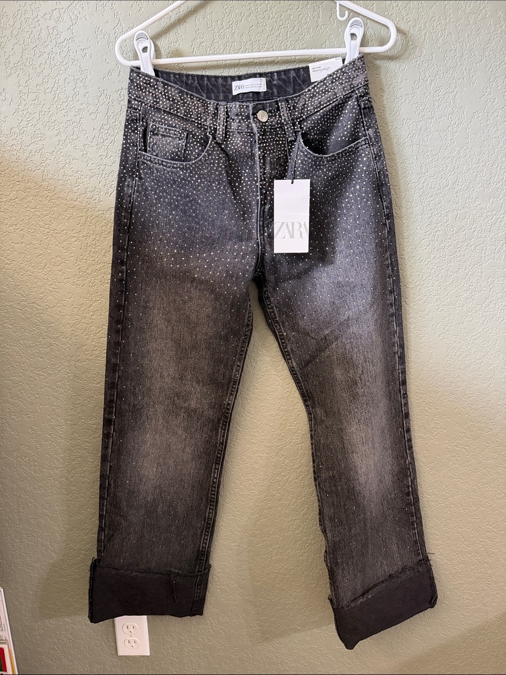 Zara Women's Black Washed Flare Jeans with Stud Embellishments